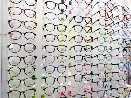 15 July 2019 Pathumthani Thailand Showcase with glasses in modern optic storeのeditorial素材