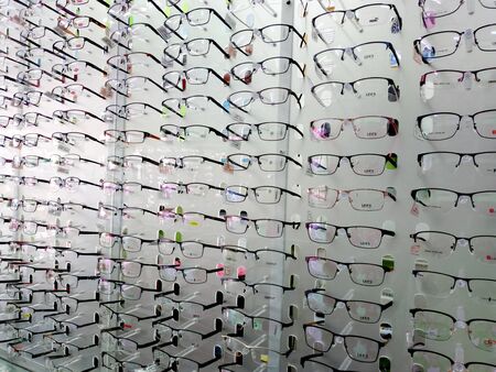 15 July 2019 Pathumthani Thailand Showcase with glasses in modern optic storeのeditorial素材