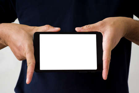 A man hold the tablet in hand with work path