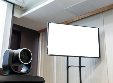Close up camera video conferencing with mock up television (clipping path)の写真素材