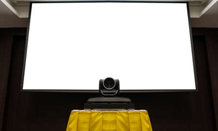 Close up camera video conferencing with mock up white screen (clipping path)の写真素材