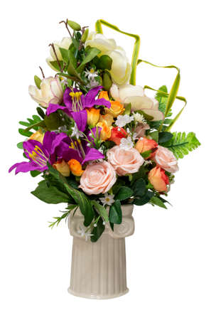 3 types of flowers in a vase  isolated on whiteの写真素材