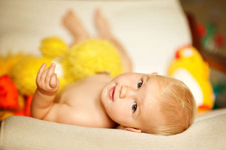 adorable baby looks in the cameraの写真素材