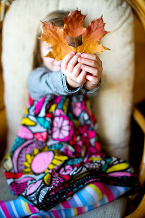 Beautiful european toddler girl sitting on armchair with yellow maple leaf with hole like book in itの写真素材