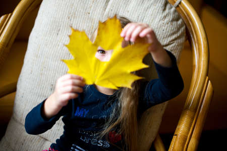 Beautiful european toddler girl sitting on armchair with yellow maple leaf with hole like book in itの写真素材