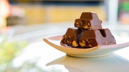 Close up the chocolate bar on a plateの写真素材