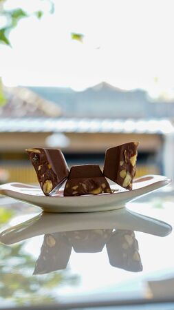 Close up the chocolate bar on a plateの写真素材