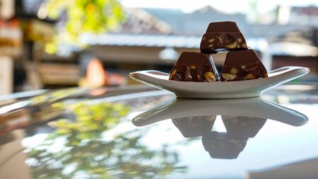Close up the chocolate bar on a plateの写真素材