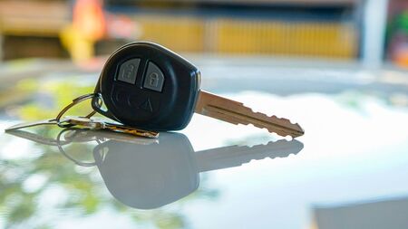 Close up the car keys on the tableの写真素材