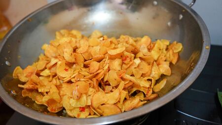 Close up of spicy cassava chipsの写真素材