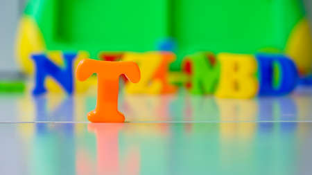 Close up of children's toys in the form of letters and numbersの写真素材