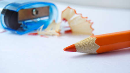 Close up of colored pencils and pencil shavingsの写真素材