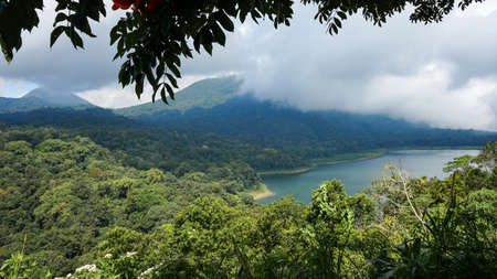 Beautiful view of the lake from the cliffの写真素材