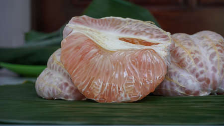 Close up of peeled grapefruitの写真素材