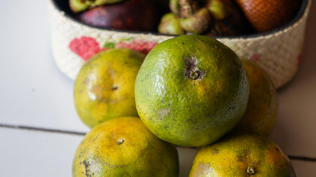 Close up of citrus fruit on the tableの写真素材