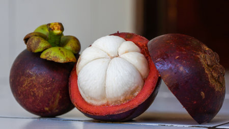Close up of the mangosteen fruit on the tableの写真素材