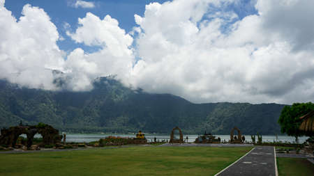 Hindu temple landscape by the lake in Baliの写真素材