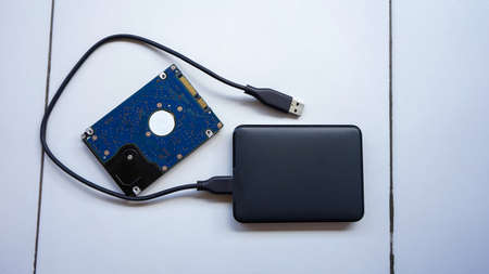 Close up of the external hard drive on the tableの写真素材