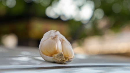Close up of onion and garlic on a cutting boardの写真素材