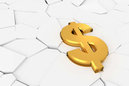 Golden dollar sign on the cracked ground. 3D rendering.の写真素材