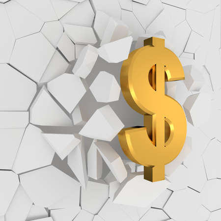 Dollar sign crashed the wall. 3D rendering.の写真素材