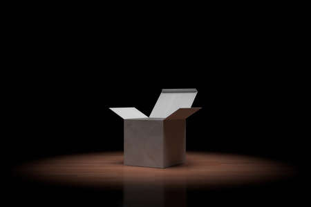 Opened box on the floor with flare light. 3D rendering.の写真素材