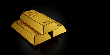 Gold bars for website banner. 3D rendering of gold bars.