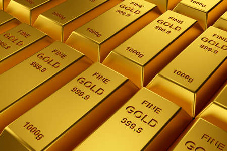 Gold bars for website banner. 3D rendering of gold bars.の写真素材