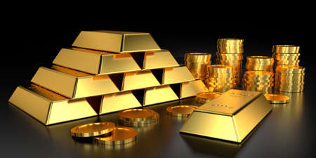 Gold price for website banner. 3D rendering of gold bars.の写真素材