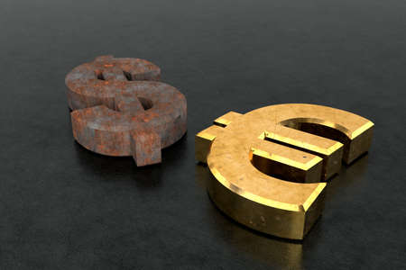 Rusty dollar sign and golden euro dollar sign. 3D rendering.