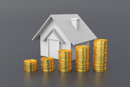 Golden coins stack and home model. 3D rendering.の写真素材