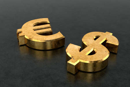 Golden dollar sign and euro sign. 3D rendering.の写真素材