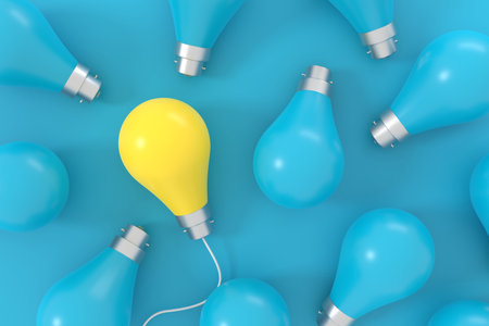 Yellow bulb on blue background. 3D idea concepts. 3D rendering.の写真素材