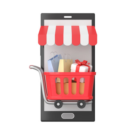 Shopping online with shopping cart. 3D element. 3D illustration.の写真素材