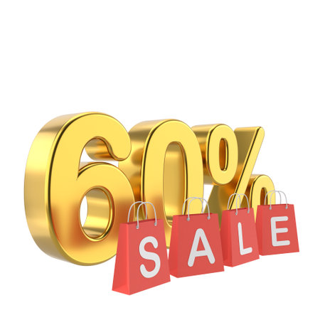 3D sixty percent sale. 60% sale. Golden sale badge.の写真素材