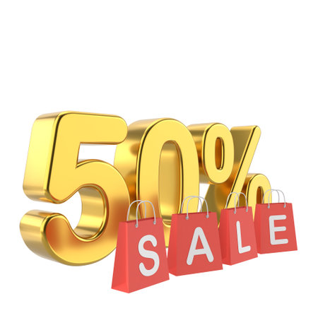 3D fifty percent sale. 50% sale. Golden sale badge.の写真素材