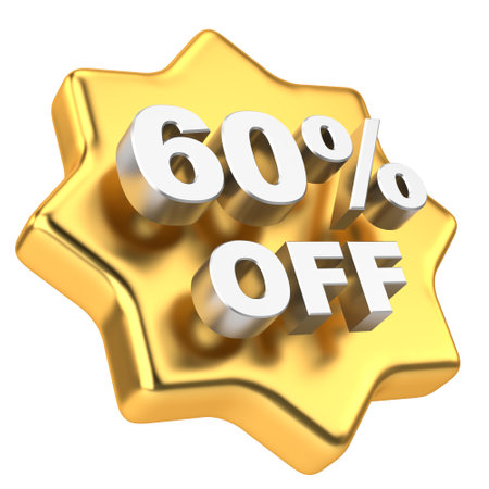 3D sixty percent off. 60% off. Golden sale badge.の写真素材