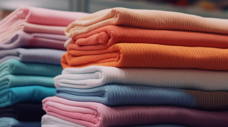 Colorful Fabric Stack in the Clothing Store. Clothing Store banner background. Generative AI.の素材
