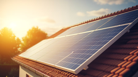 Solar panel on the roof with sunlight.の素材