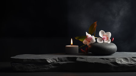 Spa Background: Spa Stone, Scented Candle, and Flowers.の素材