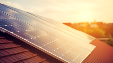 Solar panel on the roof with sunlight.の素材