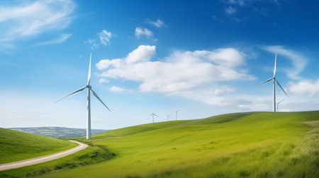 Beautiful Landscape View with Wind Turbine, Clean Energy and Global Warming Concept.の素材
