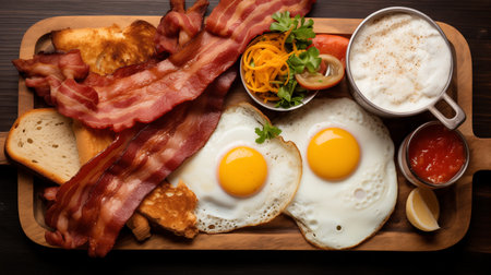 Premium Food Photography of Breakfast, Bread, Fried Eggs, and Ham.の素材