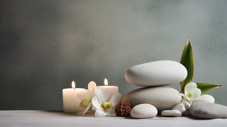 Spa Background: Spa Stone, Scented Candle, and Flowers.の素材