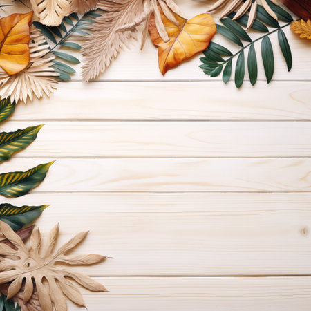 Leaves on Wooden Background: Autumn Background.の素材