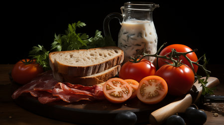 Premium Food Photography of Breakfast, Bread, Fried Eggs, and Ham.の素材