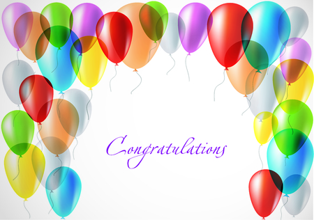 Postcard with beautiful, multi colored, transparent balloons. Congratulation to the holiday. Background with colorful balls. Greeting card with balloons. Vector illustration. Happy Birthday cardのイラスト素材