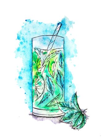 Hand-drawn watercolor illustration cocktail Mojito. Food sketching for printing, card, invitation, menu, design element. Glasses with alcohol drinks. Fresh exotic liquid with ice and green limes.の写真素材