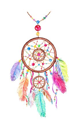 Watercolor decoration bohemian dreamcatcher. Boho feathers decoration. Native dream of chic design. Mystery ethnic tribal print. American culture design. Gypsy ornament, dream catcherの写真素材