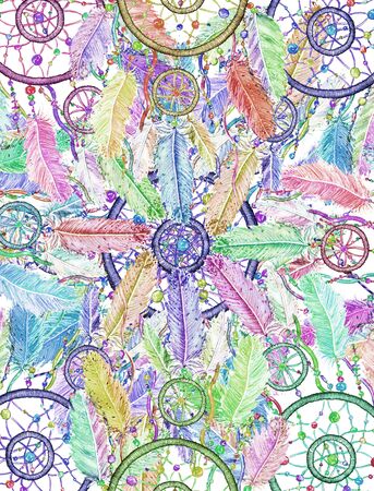 Watercolor decoration bohemian dreamcatcher. Boho feathers decoration. Native dream of chic design. Mystery ethnic tribal print. American culture design. Gypsy ornament, dream catcherの写真素材